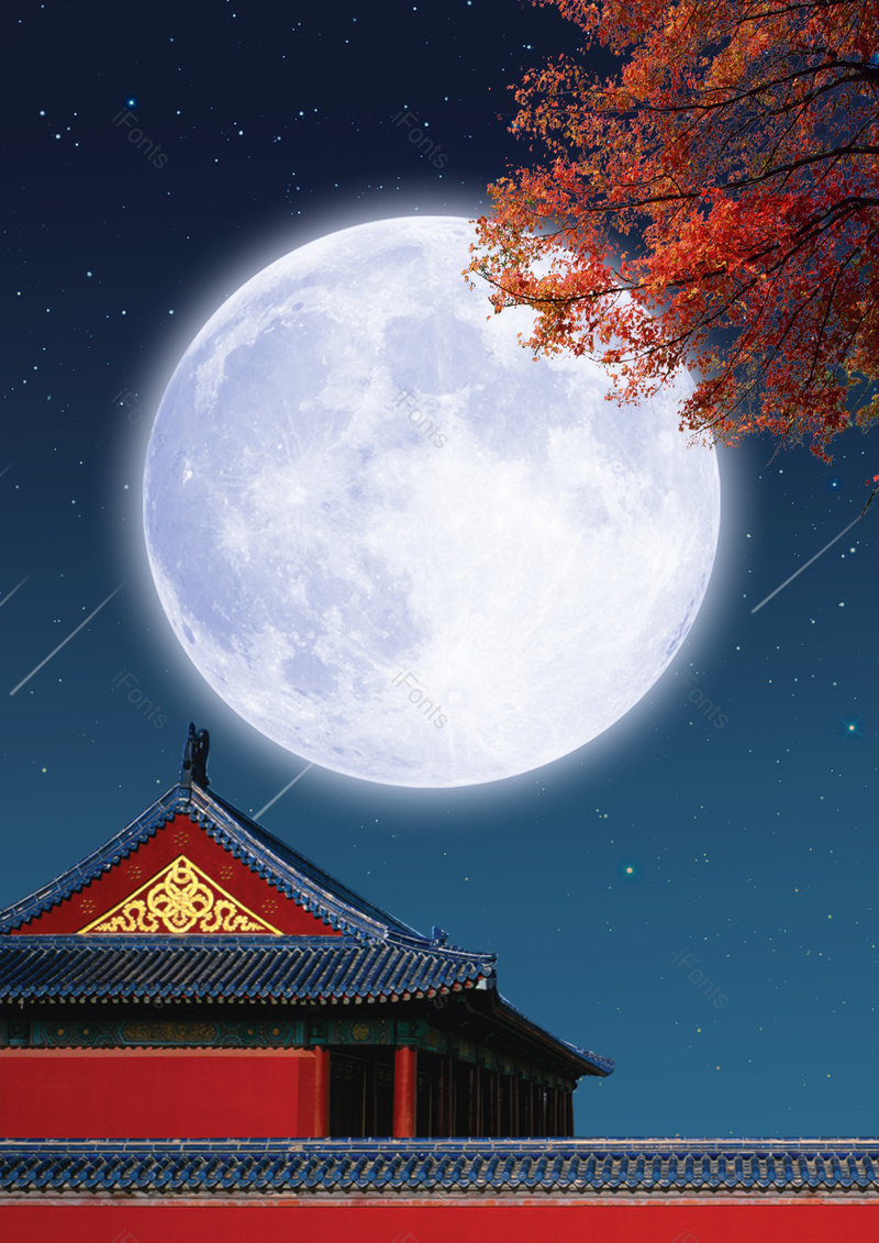 蓝色意境中国风古建筑枫树宣传背景,插画/手绘图,插画/手绘图库,插画/手绘图下载,插画/手绘